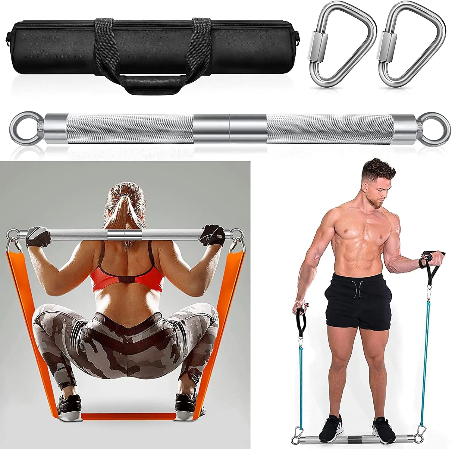 DASKING Detachable Resistance Bands Bar 30"/35.4"/38.5" Length Workout Bar Exercise Bar Max Load 500LBS for Home Gym Workout Full Body Workout Power Lifting Fitness Bar(No resistance bands) My Store