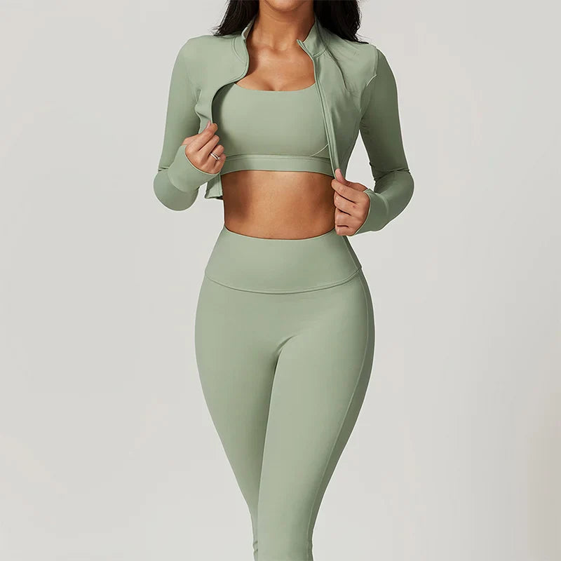 Workout Outfit ActiveWear 3 Pieces Workout Clothes Sports Bra High Waist Gym Leggings Long-Sleeved THRIXINE