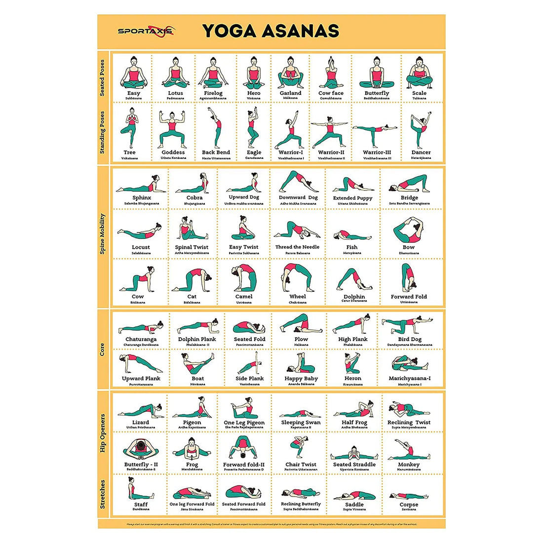 SPORTAXIS Yoga Poses Poster- 64 Yoga Asanas For Full Body Workout- Laminated Home Workout Poster With Colored Illustrations - English And Sanskrit Names Build-Cache