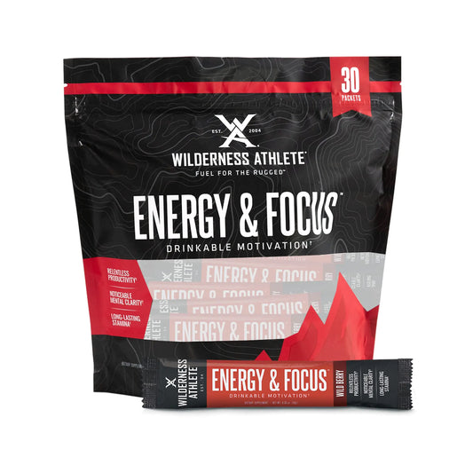 Wilderness Athlete - Energy & Focus | Energy Booster for Women & Men - Energy Drink Mix with Natural Caffeine - Low-Carb Zero Sugar Energy Drink Powder - 30 Serving Energy Drink Packets (Wild Berry)