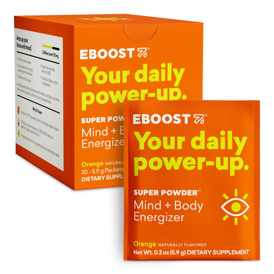 EBOOST Energy Drink &amp; Electrolyte Powder 20 Packets - Super Powder Orange with No Added Sugar - Essential Blend of Vitamins Nootropics &amp; Natural Caffeine and Hydration - Pre &amp; Post Workout Build-Cache