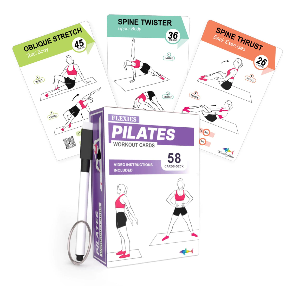 Flexies Pilates Workout Cards - 58 Exercise Cards with Pilates Mat Workout Postures Video Instructions &amp; Breathing Tips | Free Ring &amp; Dry-Erase Marker to Create at home pilates womens workout planner My Store
