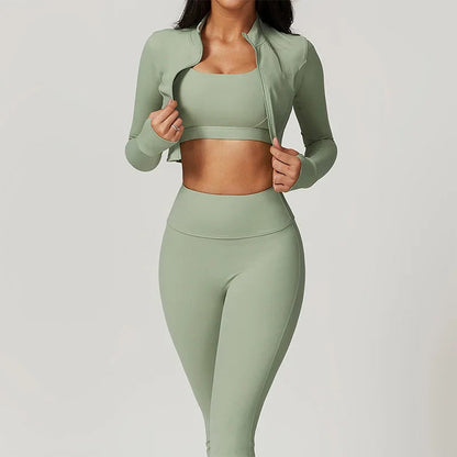 Workout Outfit ActiveWear 3 Pieces Workout Clothes Sports Bra High Waist Gym Leggings Long-Sleeved THRIXINE
