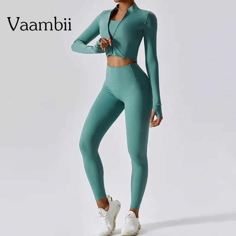 Workout Outfit ActiveWear 3 Pieces Workout Clothes Sports Bra High Waist Gym Leggings Long-Sleeved THRIXINE