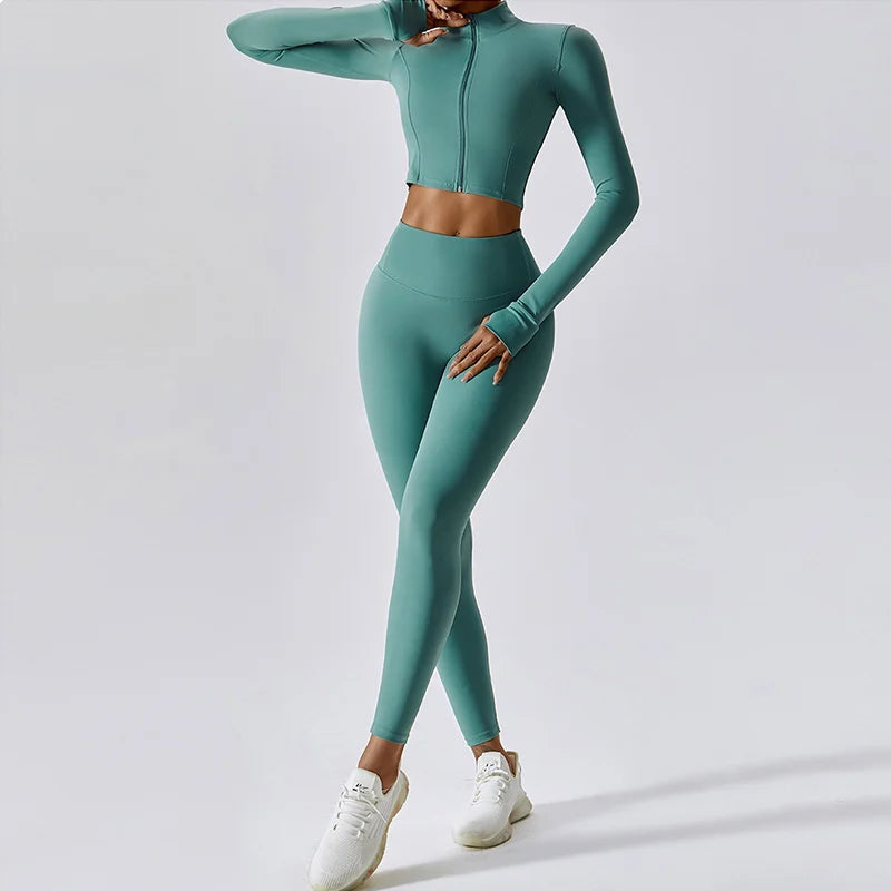 Workout Outfit ActiveWear 3 Pieces Workout Clothes Sports Bra High Waist Gym Leggings Long-Sleeved THRIXINE