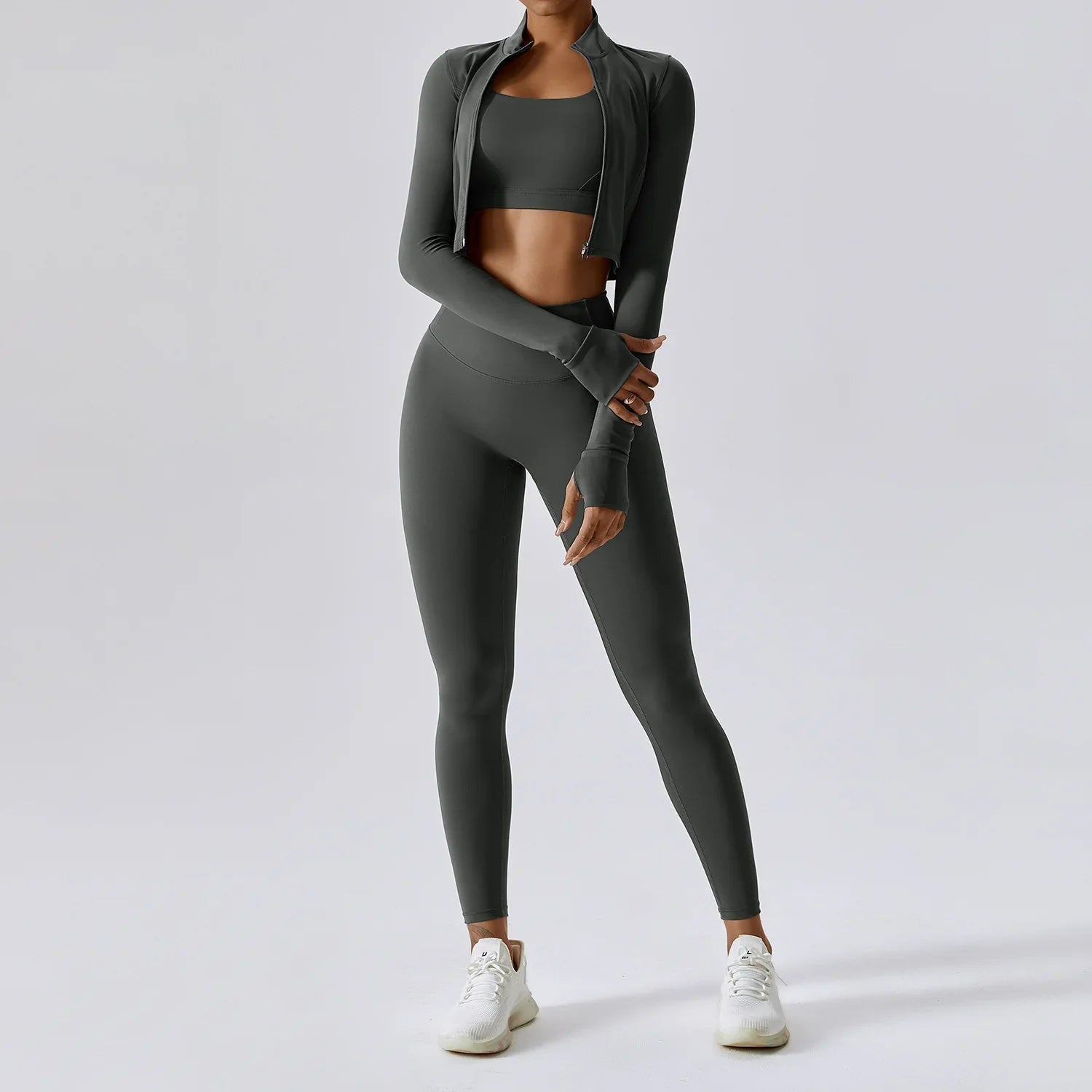 Workout Outfit ActiveWear 3 Pieces Workout Clothes Sports Bra High Waist Gym Leggings Long-Sleeved THRIXINE