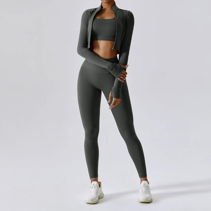 Workout Outfit ActiveWear 3 Pieces Workout Clothes Sports Bra High Waist Gym Leggings Long-Sleeved THRIXINE