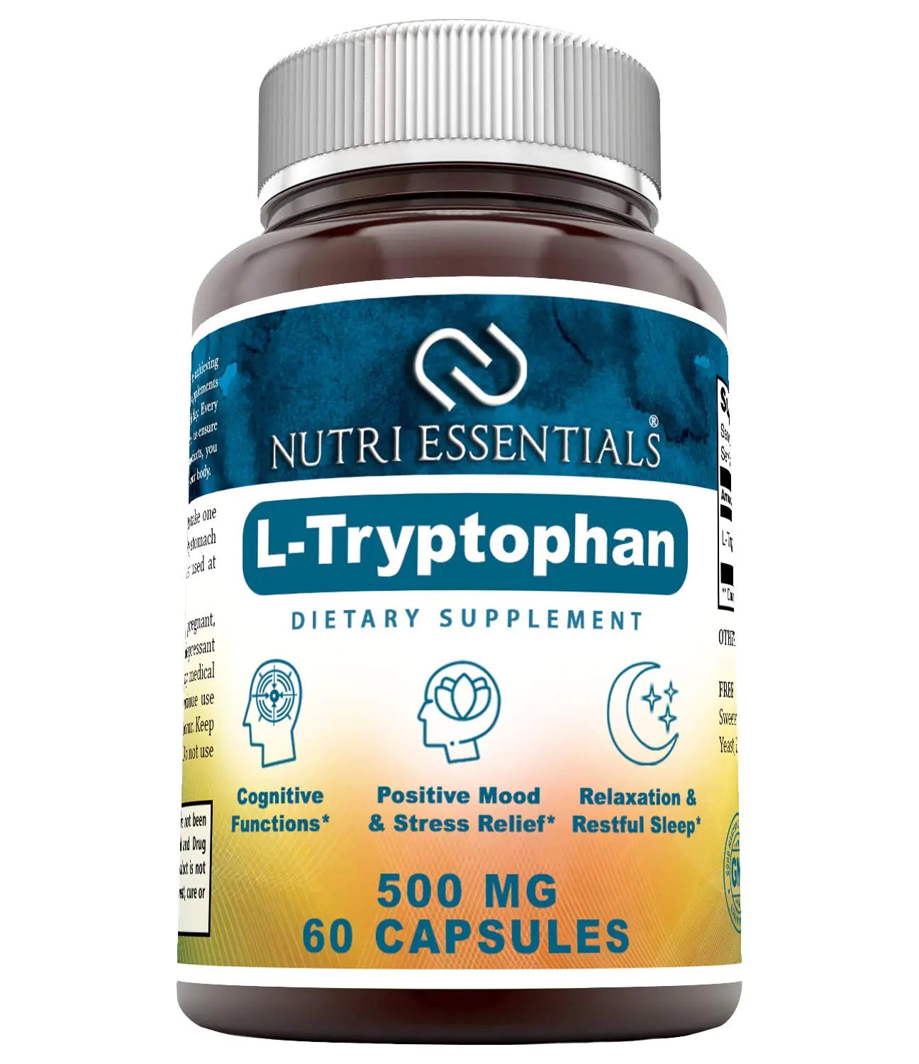 Nutri Essentials L-Tryptophan Dietary Supplement 500 mg 60 Capsules (Non-GMO) - Natural Sleep Aid Supplements with 500 mg of Free Form L Tryptophan - Circulation &amp; Immune Support* Build-Cache