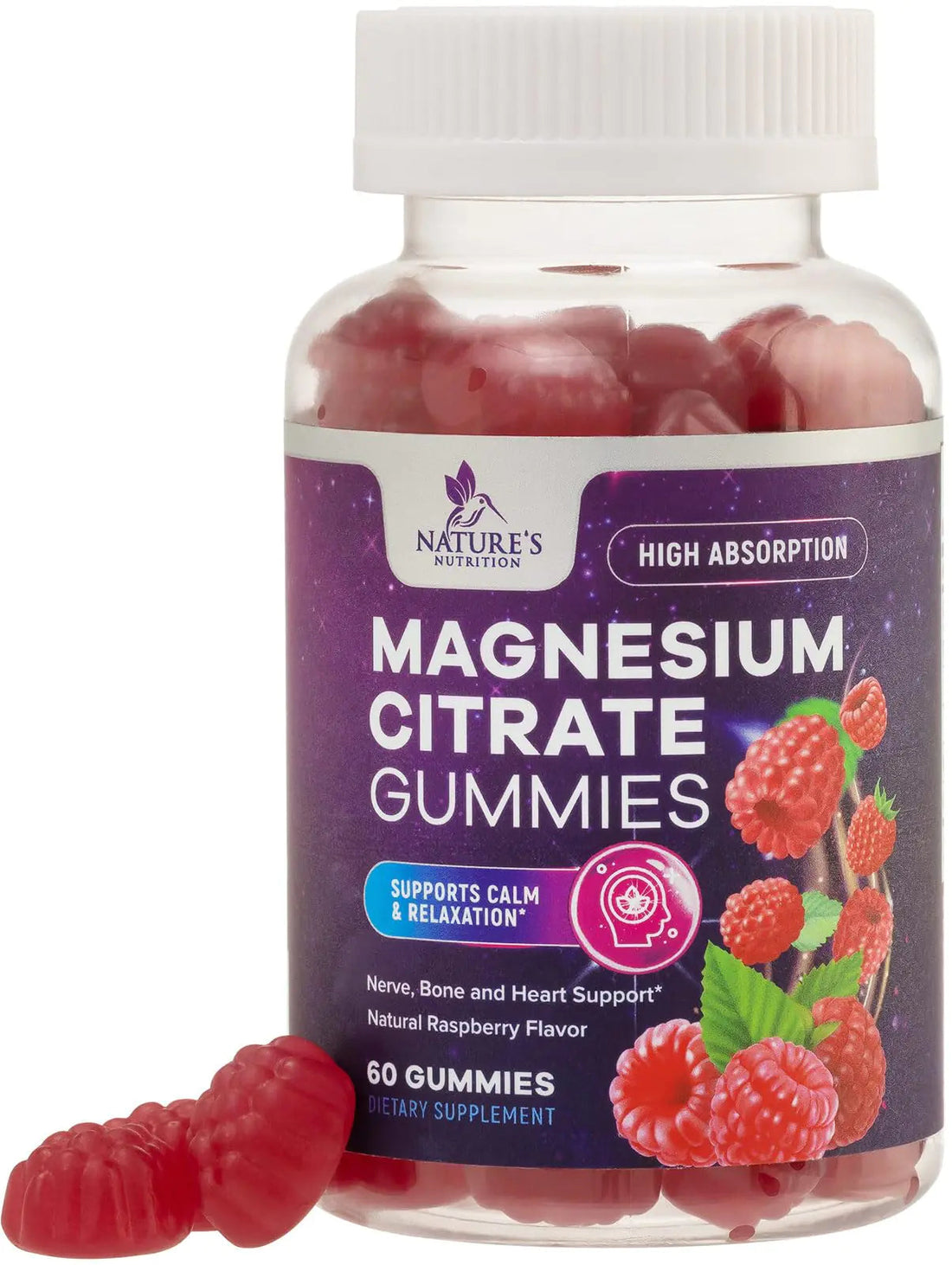 Magnesium Supplement Gummy - High Absorption Magnesium Citrate Supplement for Adults &amp; Kids - Natures Calm Magnesium Gummies Dietary Supplements for Bone Muscle Health Heart Support - 60 Gummies Build-Cache