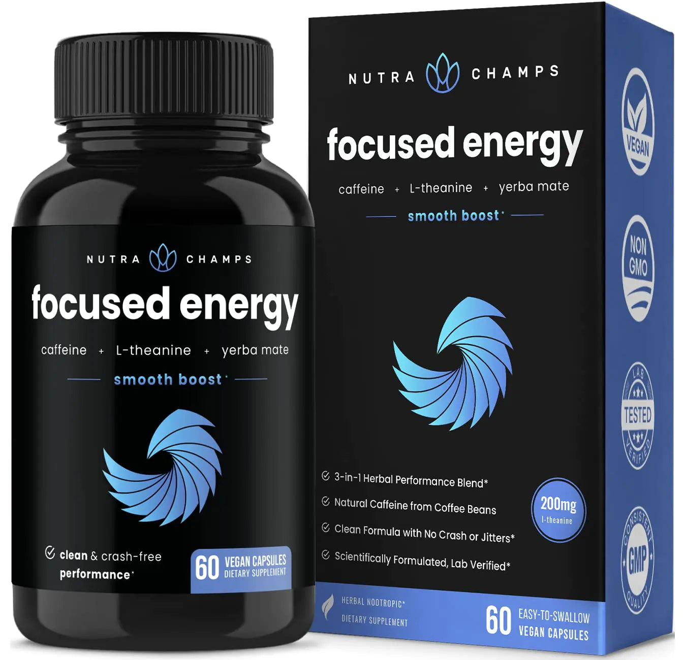 Caffeine Pills with L-Theanine for Focused Energy | Smooth &amp; Clean Energy Supplement for Focus &amp; Performance | No Crash No Jitters | Nootropic Brain Booster with Yerba Mate | 60 Vegan Energy Pills Build-Cache