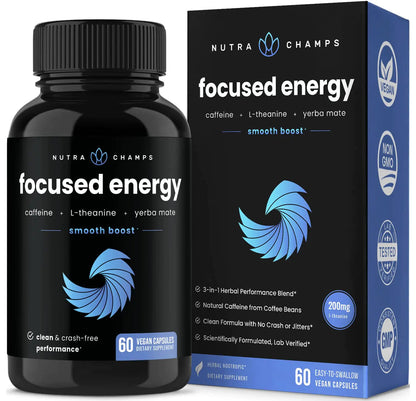 Caffeine Pills with L-Theanine for Focused Energy | Smooth &amp; Clean Energy Supplement for Focus &amp; Performance | No Crash No Jitters | Nootropic Brain Booster with Yerba Mate | 60 Vegan Energy Pills Build-Cache