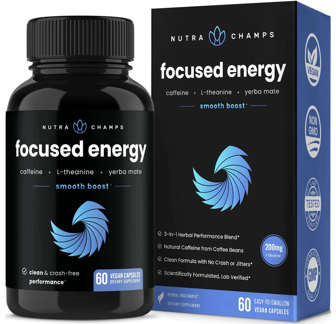 Caffeine Pills with L-Theanine for Focused Energy | Smooth &amp; Clean Energy Supplement for Focus &amp; Performance | No Crash No Jitters | Nootropic Brain Booster with Yerba Mate | 60 Vegan Energy Pills Build-Cache